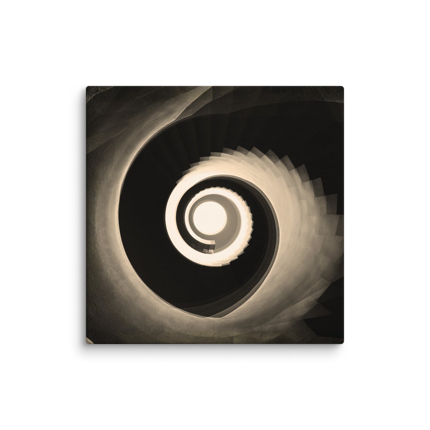 Sepia-toned view looking up a grand spiral staircase, with smooth curving steps and ornate railings forming perfect concentric circles that draw the eye.