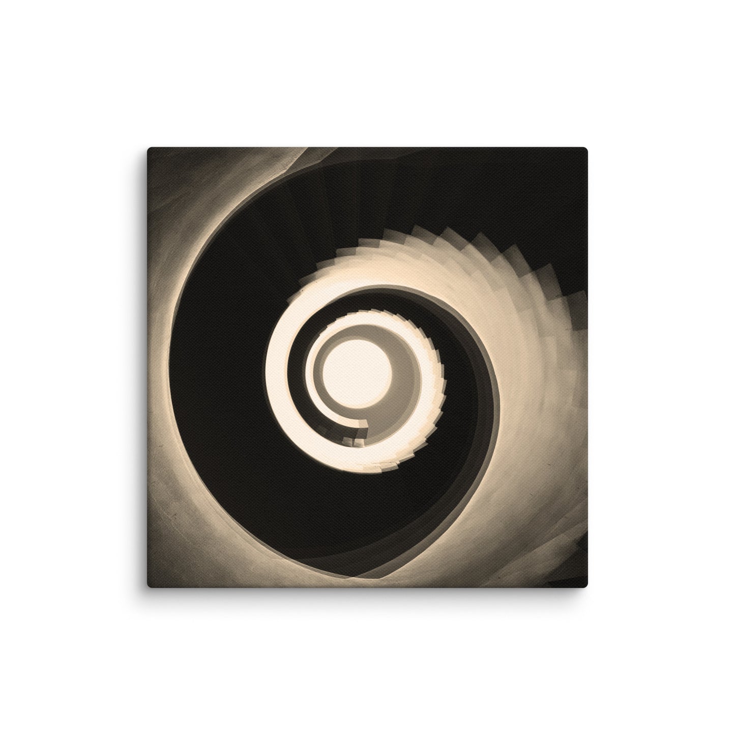 Sepia-toned view looking up a grand spiral staircase, with smooth curving steps and ornate railings forming perfect concentric circles that draw the eye.