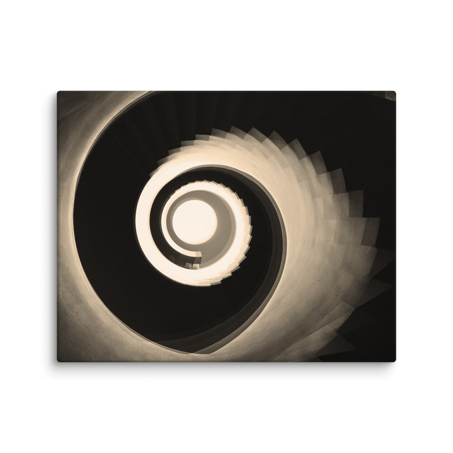Sepia-toned view looking up a grand spiral staircase, with smooth curving steps and ornate railings forming perfect concentric circles that draw the eye.