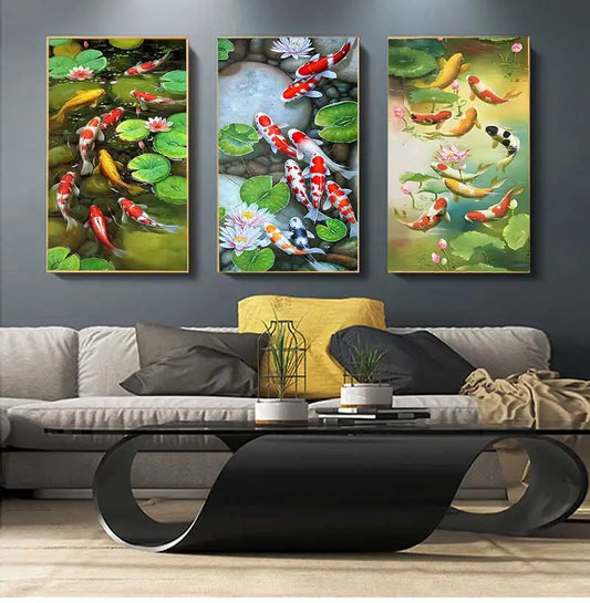 Stylized, ethereal koi in swirling formations.