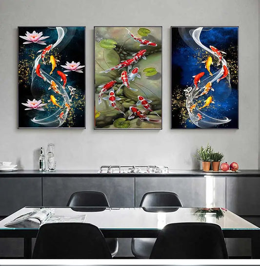 Stylized, ethereal koi in swirling formations.