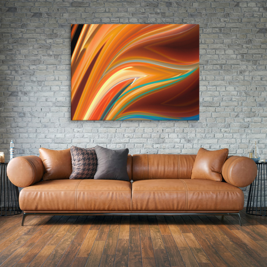 Vibrant abstract of swirling, radiant orange and yellow energy waves spiraling inward like a glowing vortex or solar flare.