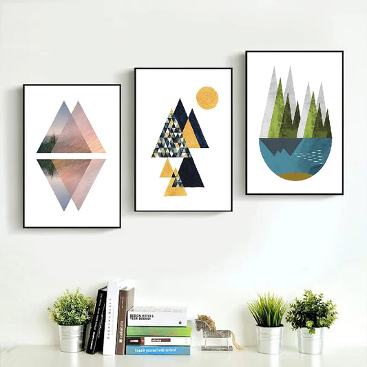 A collection of three abstract digital illustrations utilizing geometric triangular shapes to evoke serene natural landscapes: cascading mosaic peaks with a glowing sun.