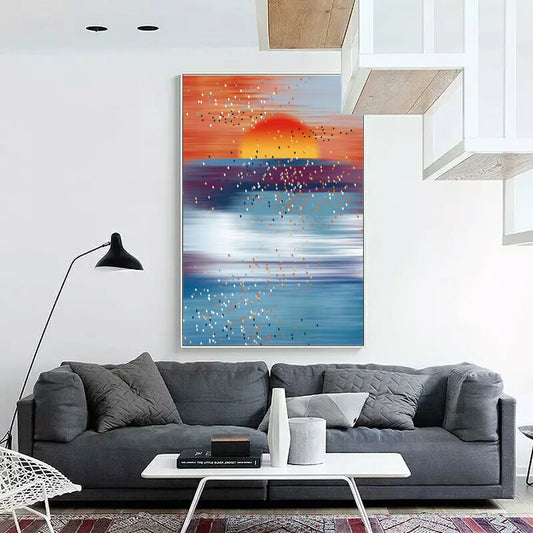 A mesmerizing digital artwork depicting a flock of silhouetted birds soaring across a vibrant sunset sky transitioning from fiery oranges to serene blues.