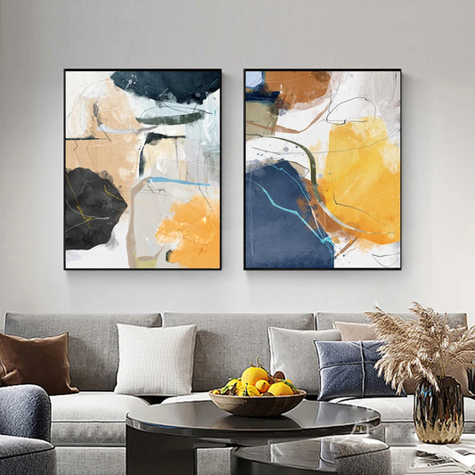 A trio of abstract artworks characterized by soft, watercolor-inspired blends of muted and vibrant hues.