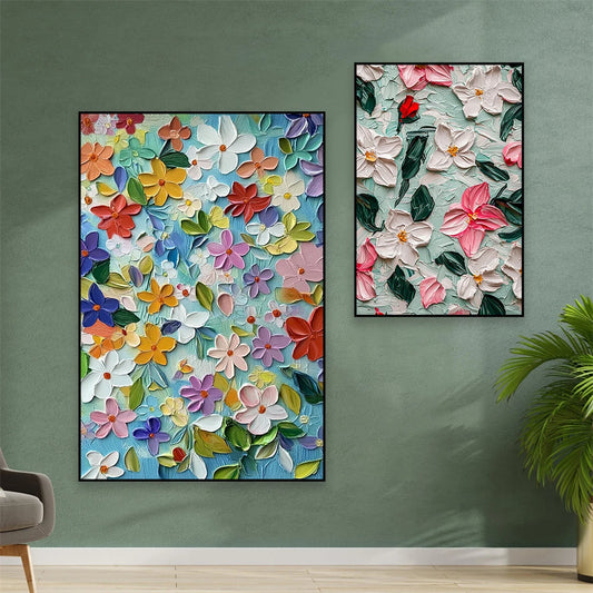 These images capture a series of close-up, textured floral artworks rendered in a thick impasto style.