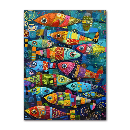 This artwork portrays a school of whimsical, abstract fish swimming in a vertical formation through an underwater scene. Each fish is uniquely patterned with swirling, geometric designs and bold.