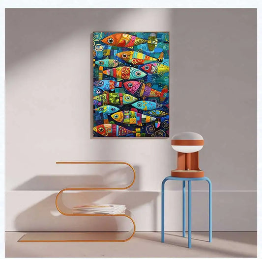 This artwork portrays a school of whimsical, abstract fish swimming in a vertical formation through an underwater scene. Each fish is uniquely patterned with swirling, geometric designs and bold.