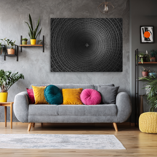 Monochromatic abstract of an immense, hypnotic spiral composed of countless fine, radiating lines.