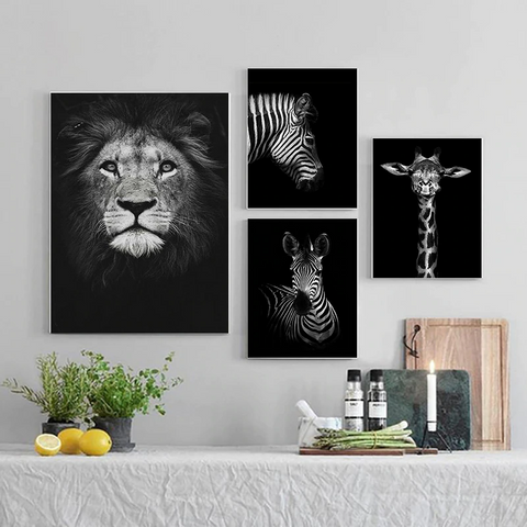 Elephant, Zebra, Lion, Giraffe, Rhino, Black & White Wall Canvas Print