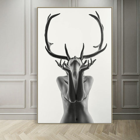 Nordic Simple Black & White Antlers Woman Wall Canvas Print